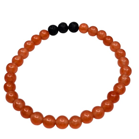 🎀 Coral Orange Calcite & (3) Lava Stone Round Beads Stretch Bracelet NEW - Picture 2 of 3